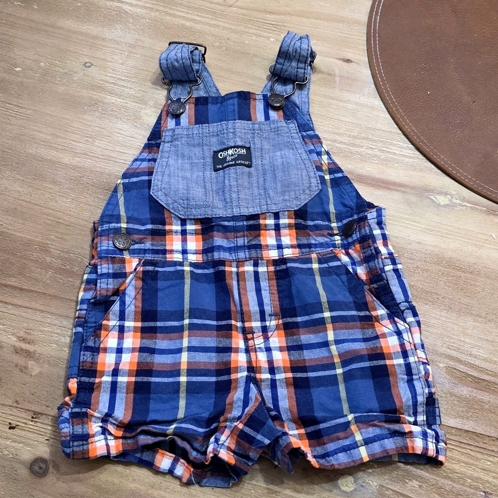 OshKosh Bgosh Baby Boys Blue Orange Plaid Cotton Shortall Overalls 9 Months